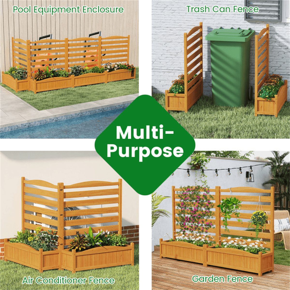 image-2-Panel Fir Wood Privacy Fence with Planter Boxes, AC/Trash Can Screen Yellow