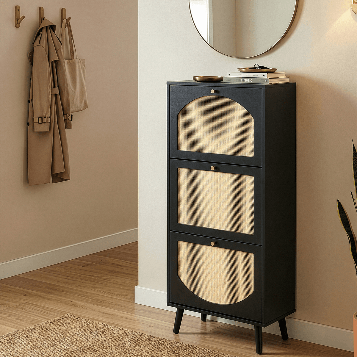 image-Rattan-fronted 3-Tier Shoe Cabinet, Black 54x24x135cm Particleboard