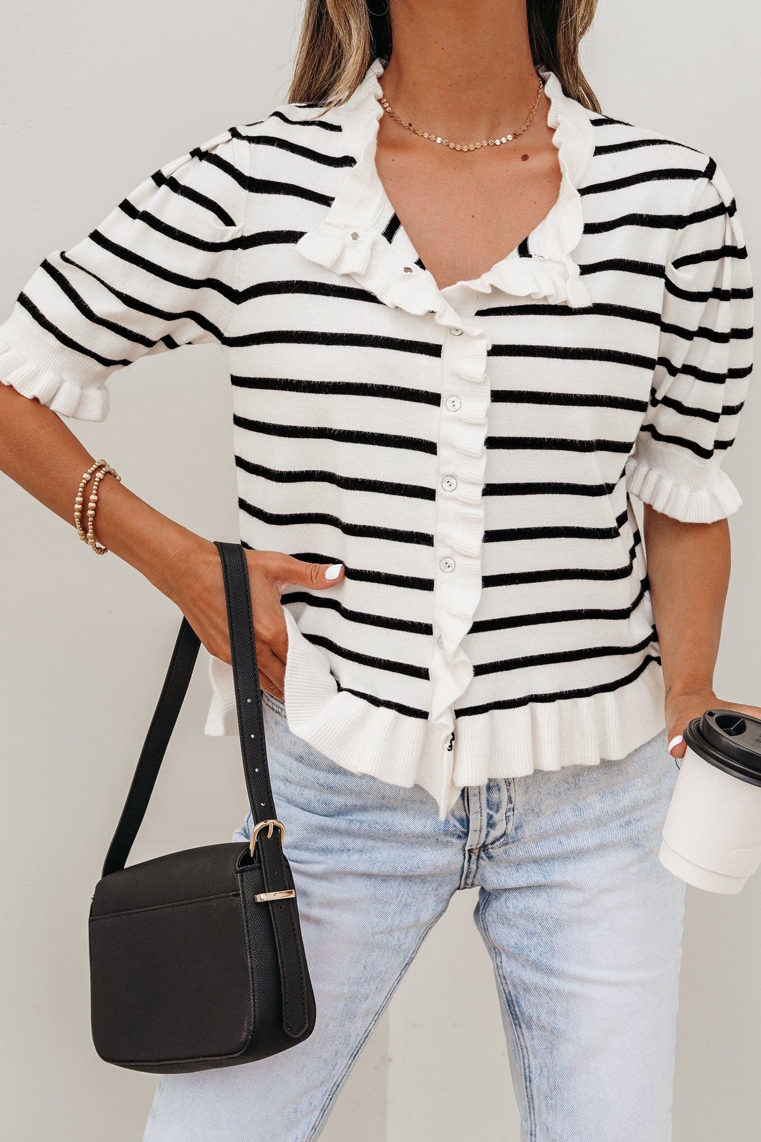 image-Stripped Beige Stripe Knit Short Sleeve Sweater Cardigan