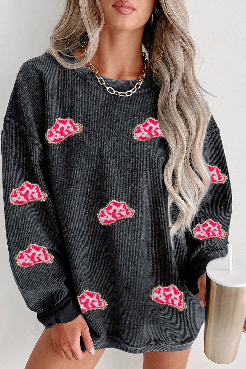 image-Glittering Cowboy Hat Patched Sweatshirt - Black, Sizes S-2XL