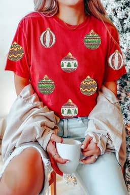 image-Red Christmas Ornament Sequin Graphic Tee