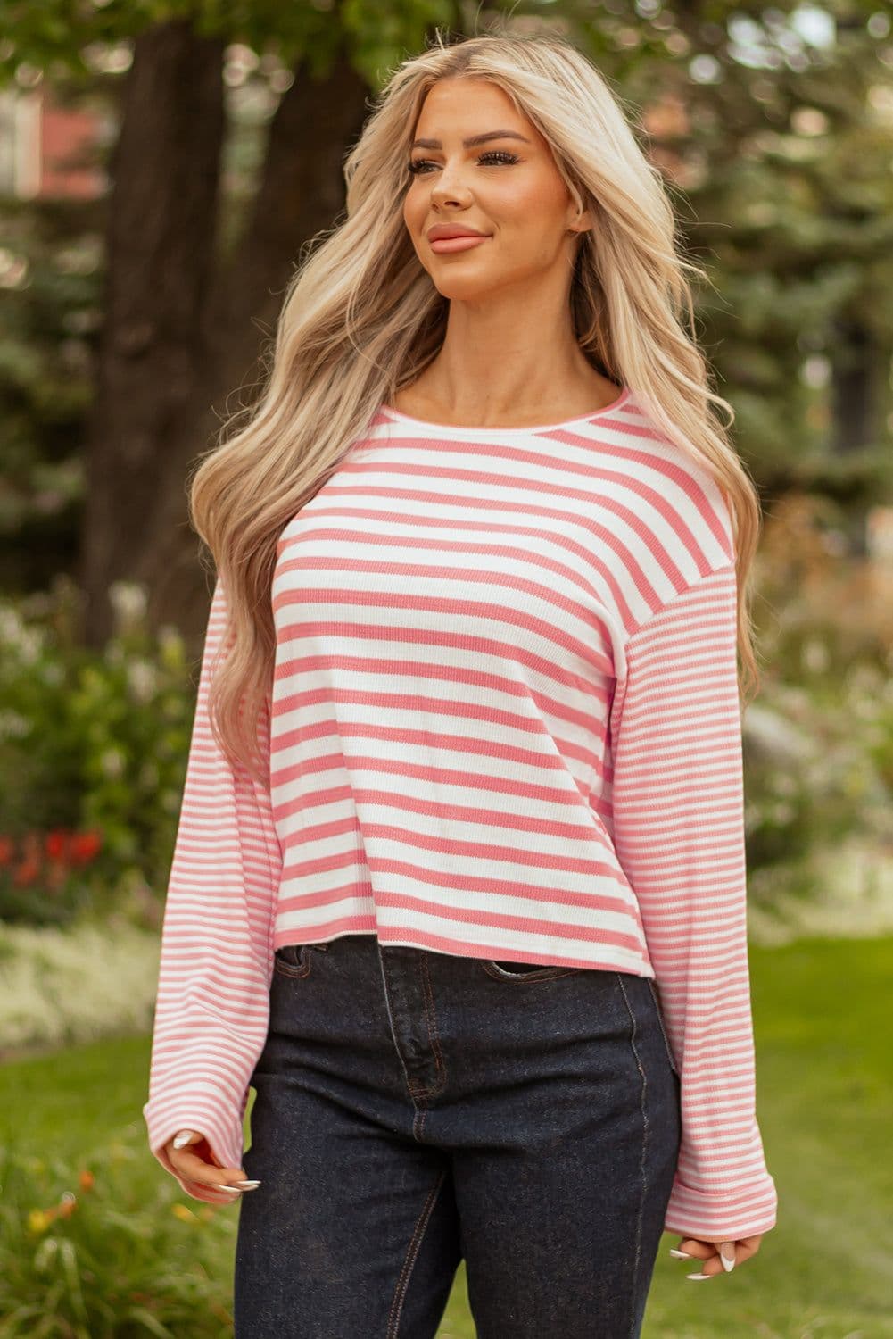 image-Pink Stripe Textured Contrast Drop Shoulder Top
