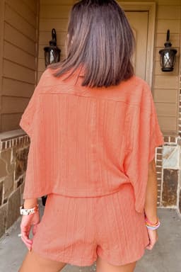 image-Pale Chestnut Textured Patched Pocket Short Sleeve Top Drawstring Shorts Set