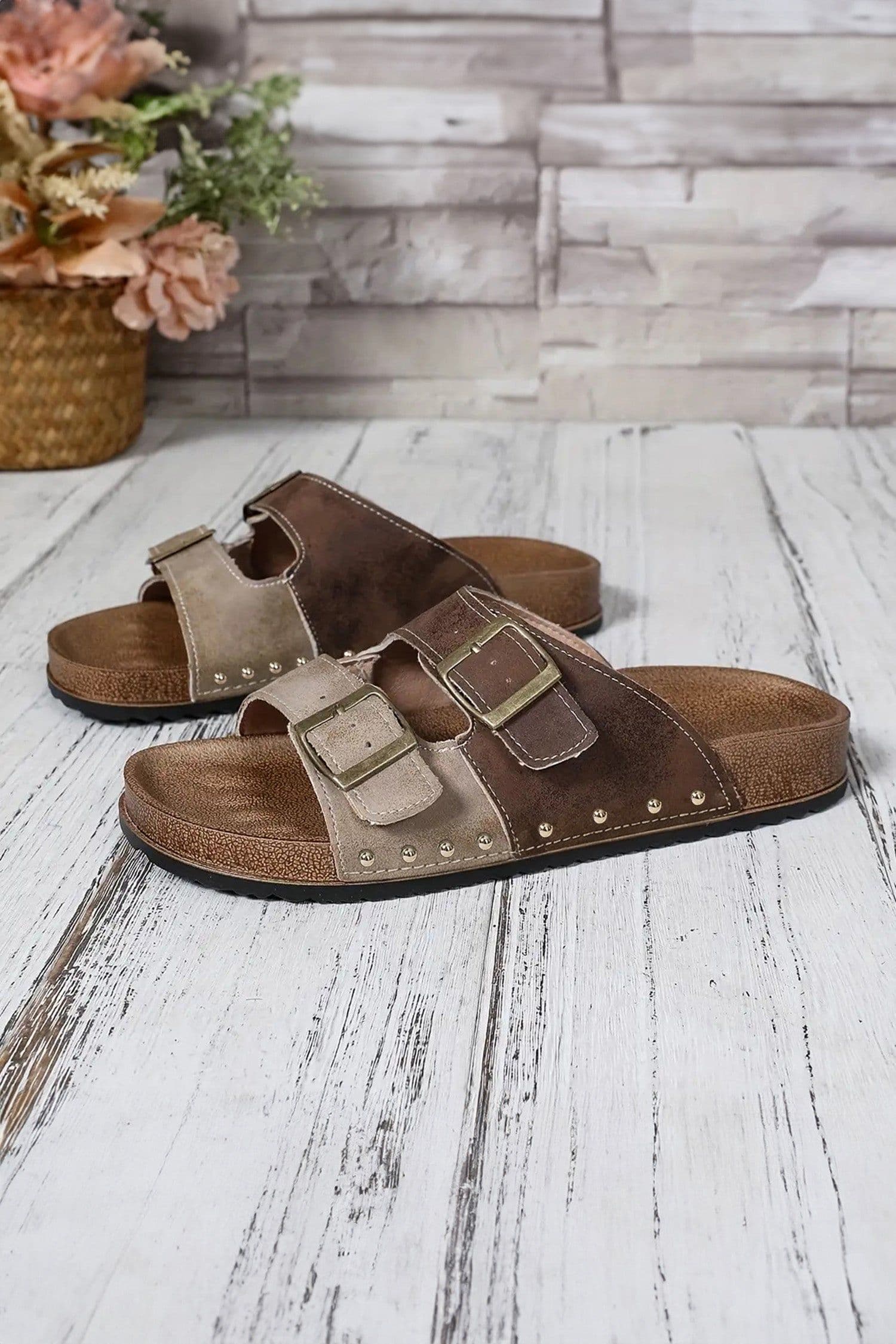 image-Coffee Leopard Two-tone Retro Buckle Slippers