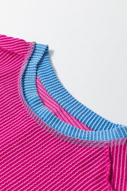 image-Bright Pink Textured T Shirt - Contrast Trim