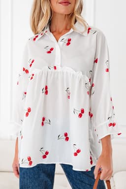 image-White Cherry Print Flounce Sleeve Babydoll Blouse