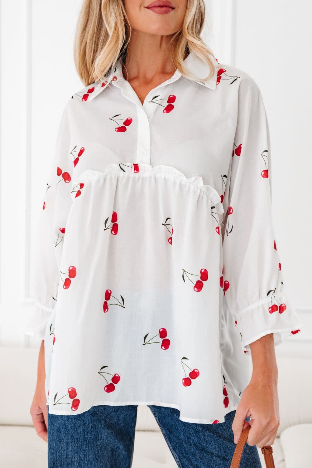 image-White Cherry Print Flounce Sleeve Babydoll Blouse