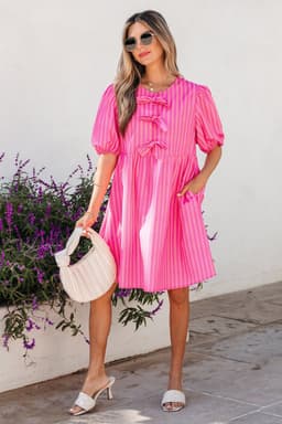 image-Rose Striped Print Bow Detail Short Puff Sleeve Mini Dress