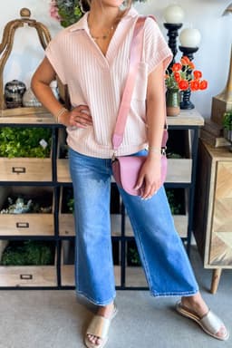 image-Light Pink Collared V Neck Ribbed Tee