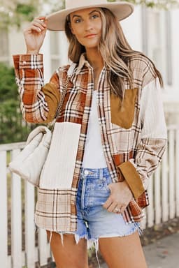 image-Plaid Color Block Patchwork Shirt Jacket - Orange, Sizes S-2XL