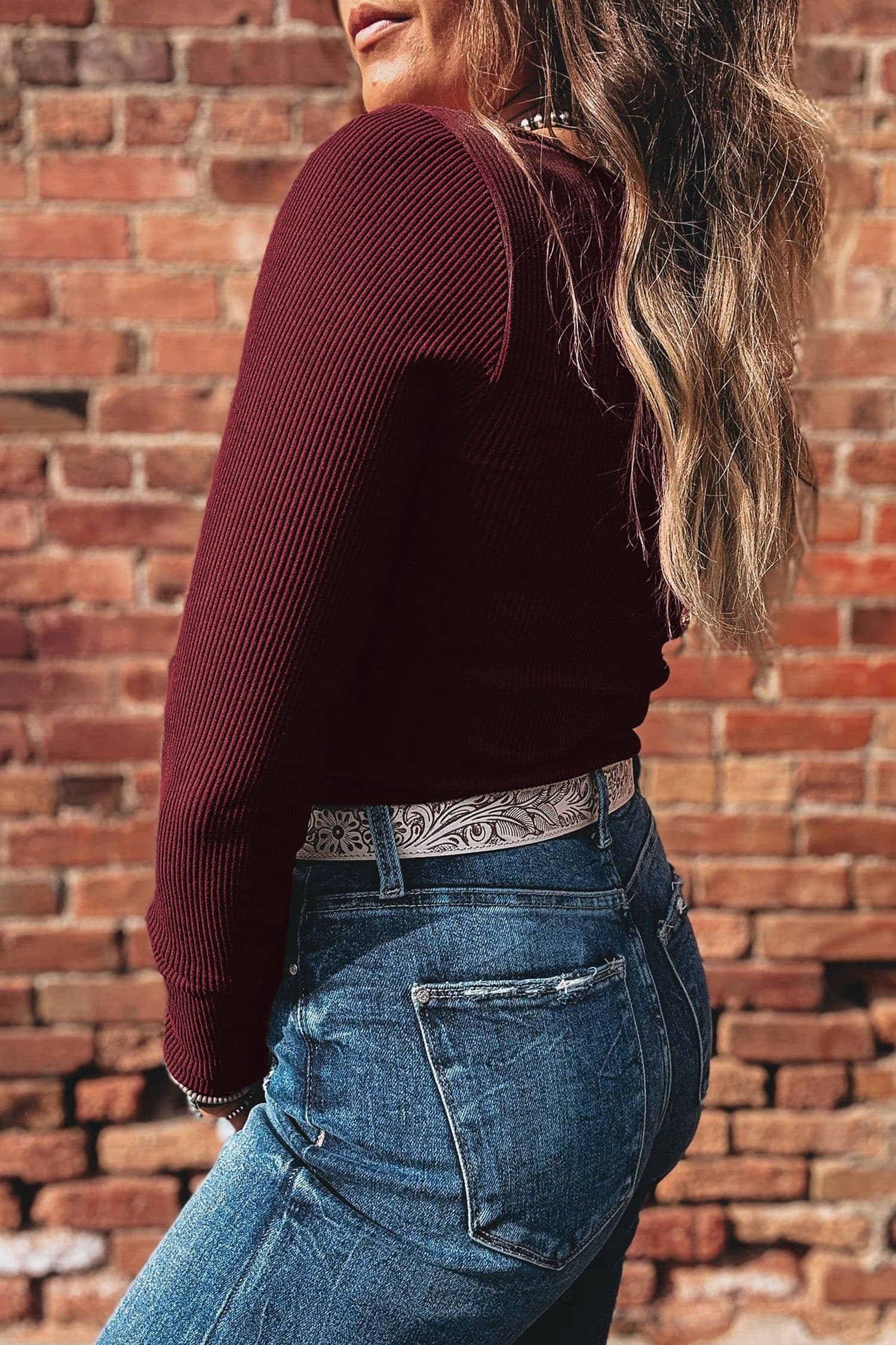 image-Coffee Ribbed U Neck Cropped Long Sleeve Top