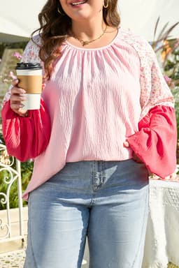 image-Plus Size Floral Patchwork Long Sleeve Blouse - Pink