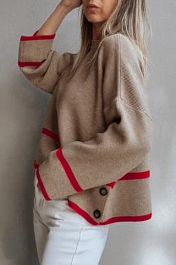 image-Simply Taupe Ribbed Knit Contrasted Stripe Detail Button Side Loose Sweater