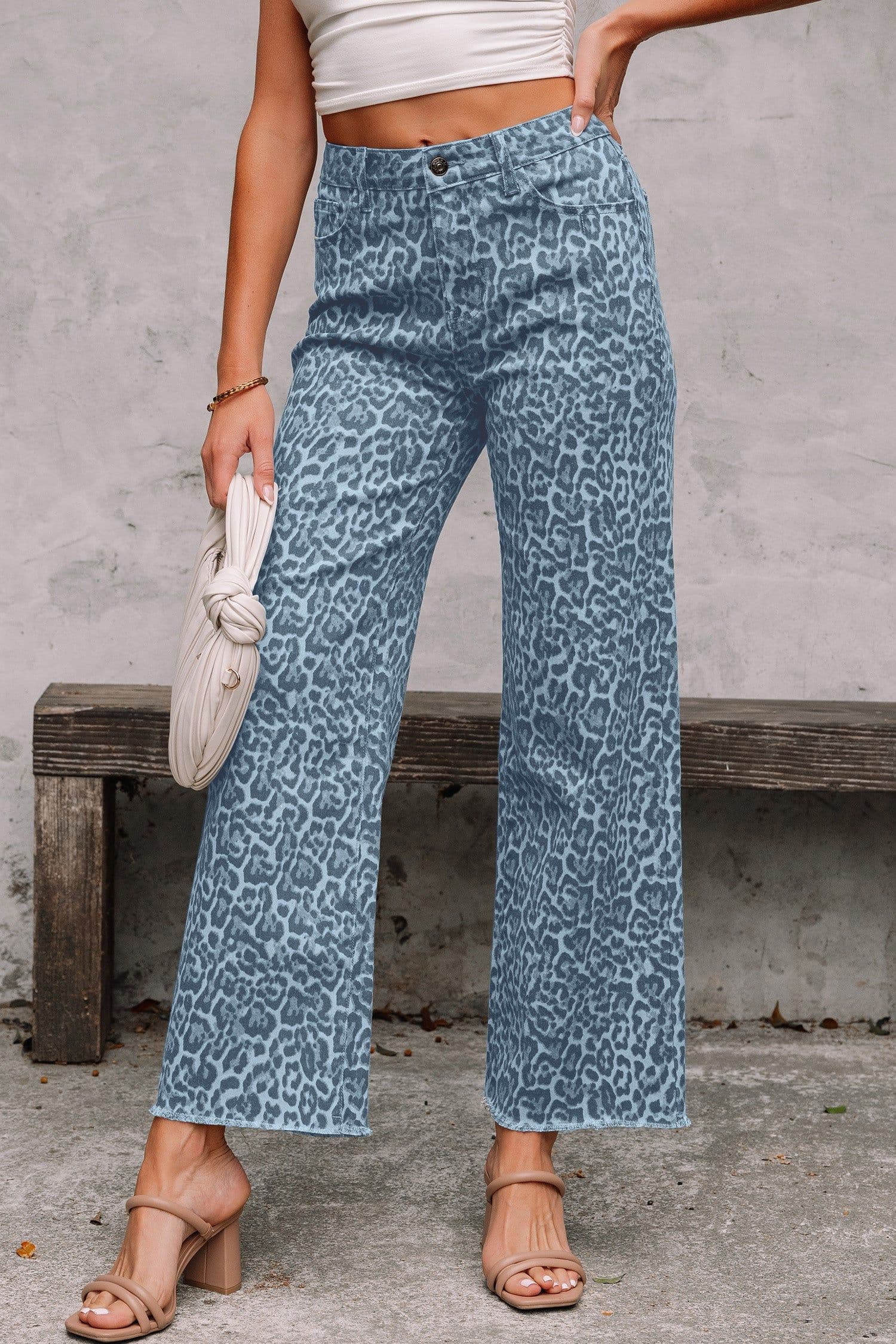 image-Sky Blue Leopard Frayed Wide Leg Jeans