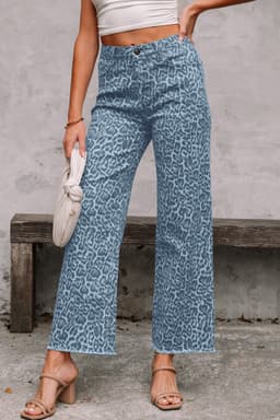 image-Sky Blue Leopard Frayed Edge Wide Leg High Waist Jeans