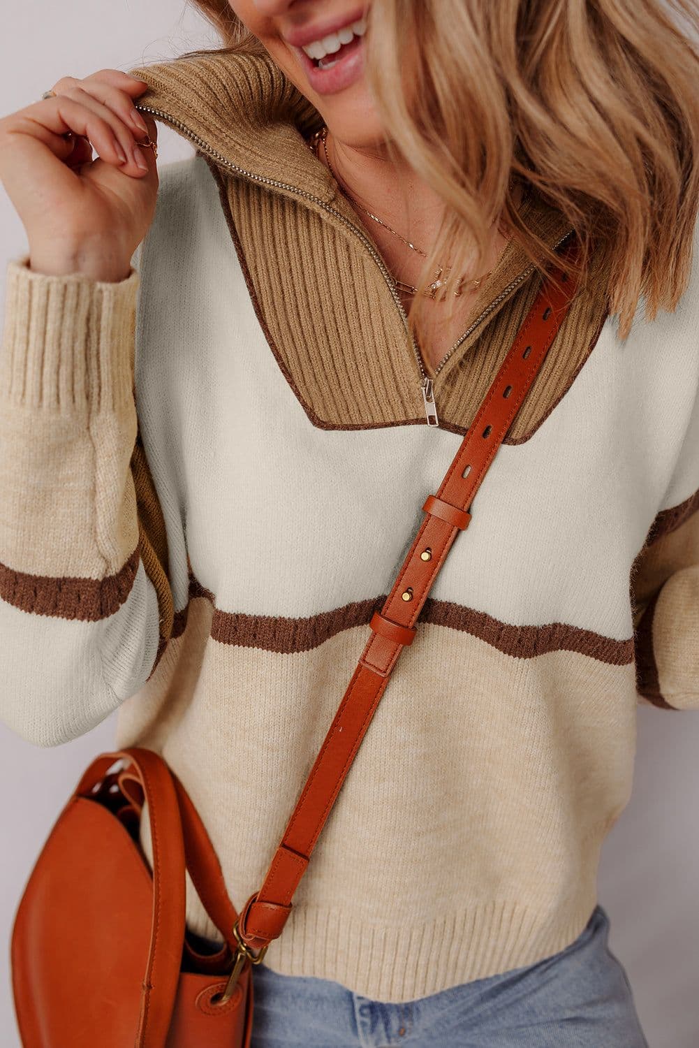 image-Parchment Colorblock Zipped Collared Pullover Sweater