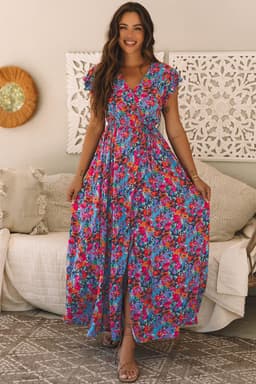image-Blue Floral V Neck Wrap Split Maxi Dress