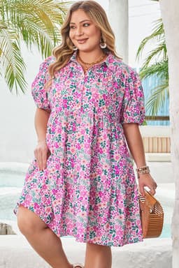 image-Pink Plus Size Floral Puff Sleeve A-Line Dress