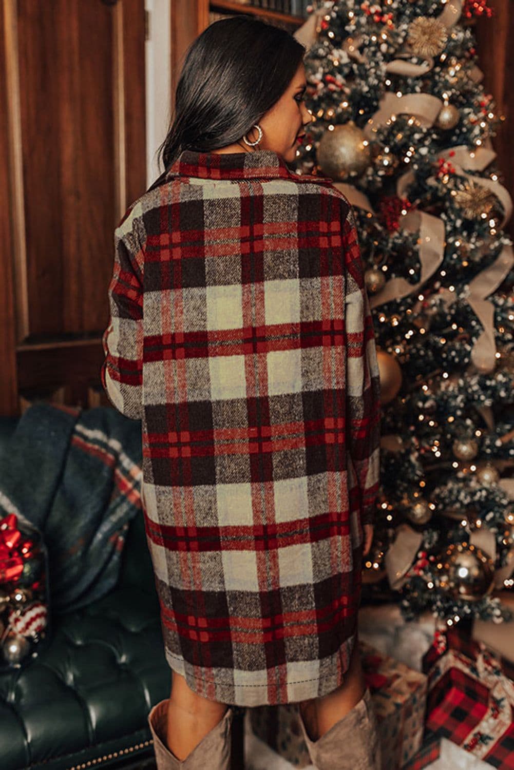 image-Red Brushed Plaid Buttoned Front Side Slit Tunic Shacket