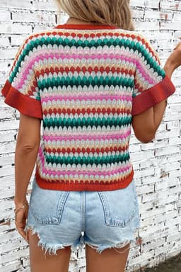 image-Fiery Red Trimmed Ruffle Sleeve Colorful Textured Sweater