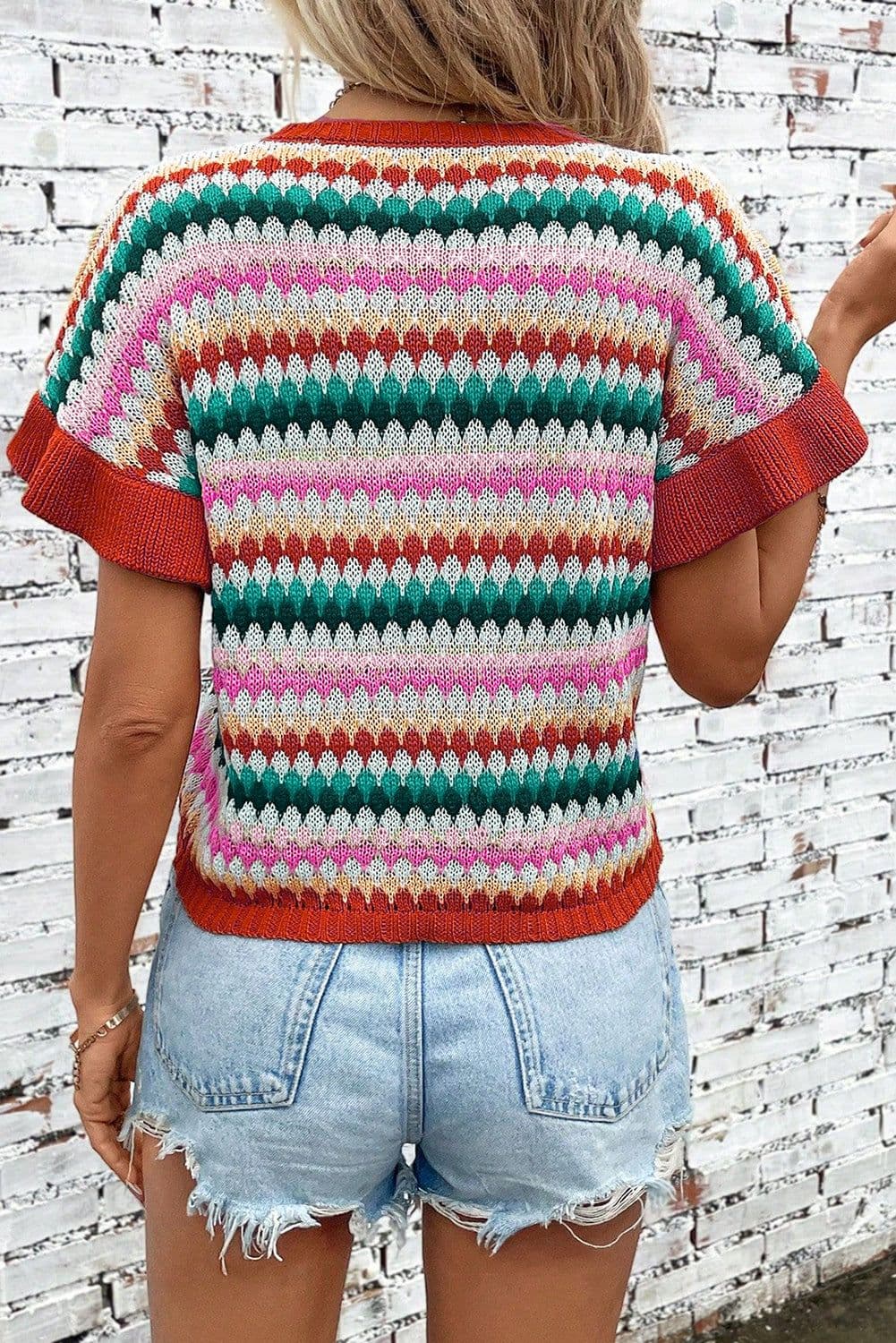 image-Fiery Red Trimmed Ruffle Sleeve Colorful Textured Sweater
