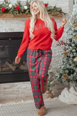 image-Red Plaid Mama Crewneck Lounge Set
