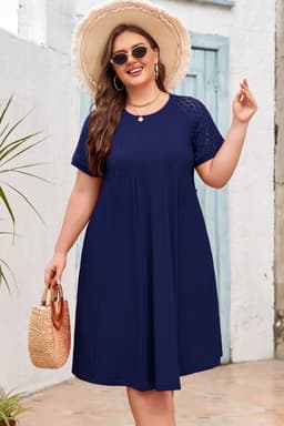 image-Navy Blue Plus Size Solid Color Lace Short Sleeve Pleated Swing Dress