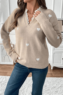 image-Smoke Gray Heart Print Lace Splicing V Neck Valentines Sweater