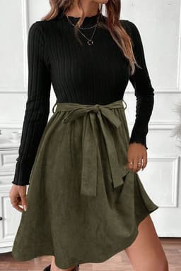 image-Black Ribbed Knit Flared Dress with Belt