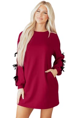 image-Racing Red Contrast Striped Bow Detail Drop Shoulder Sweatshirt Dress with Pockets