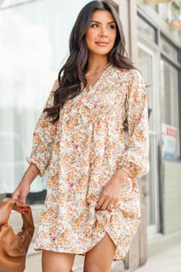 image-Yellow Floral Ruffled Empire Waist Mini Dress - Boho Style