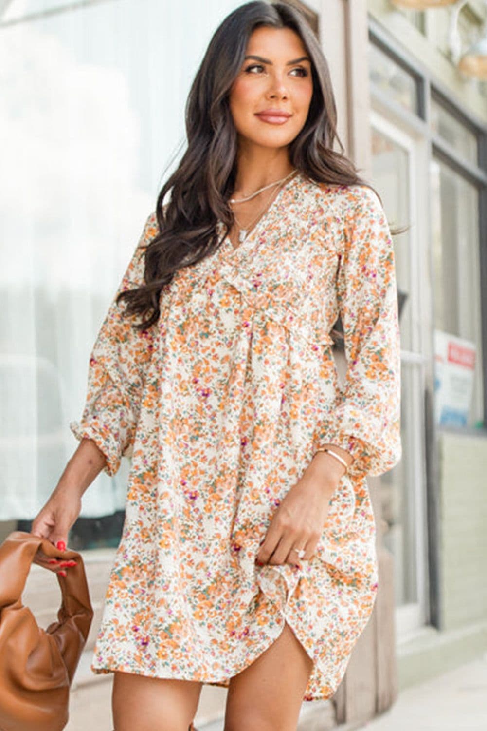 image-Yellow Floral Ruffled Empire Waist Mini Dress - Boho Style