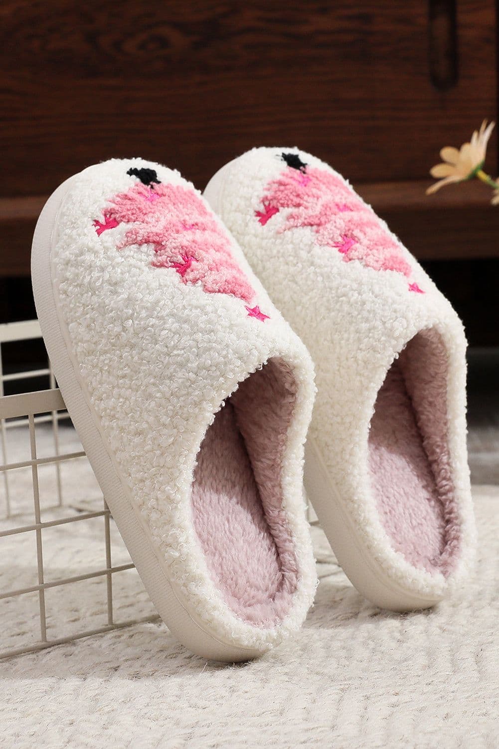 image-White Plush Christmas Tree Slippers Contrast Liner
