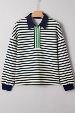 image-Navy Blue Striped Print Contrast Collar Zip V Neck Long Sleeve Top