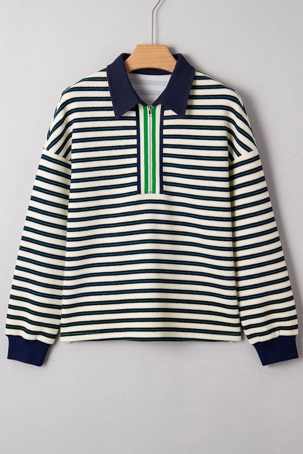 image-Navy Blue Striped Print Contrast Collar Zip V Neck Long Sleeve Top