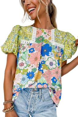 image-Green Bubble Sleeve Lace Trim Floral Blouse