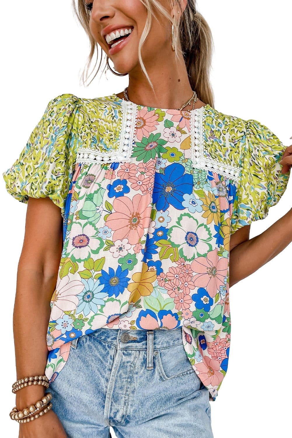 image-Green Bubble Sleeve Lace Trim Floral Blouse