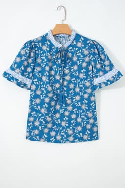 image-Blue Floral Print Tie Neck Short Sleeve Blouse