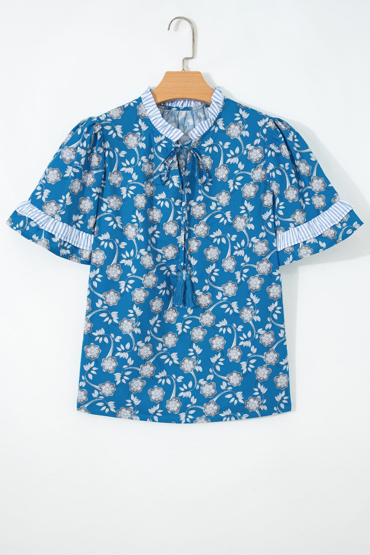 image-Blue Floral Print Tie Neck Short Sleeve Blouse