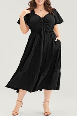 image-Black Plus Size Short Sleeve Lace-up High Waist Midi Dress