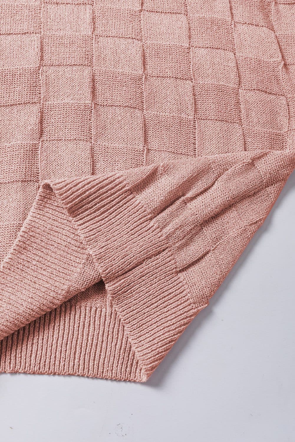 image-Pink Lattice Textured Knit Short Sleeve Sweater - Sizes S-3XL