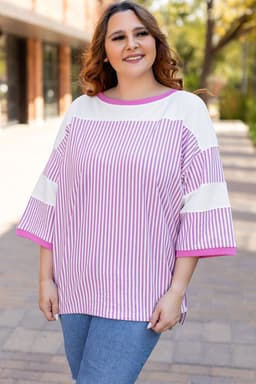 image-Pink Stripe Patchwork Plus Size T-Shirt
