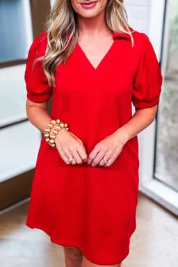 image-Fiery Red Textured Collared V Neck Puff Short Sleeve Shift Mini Dress