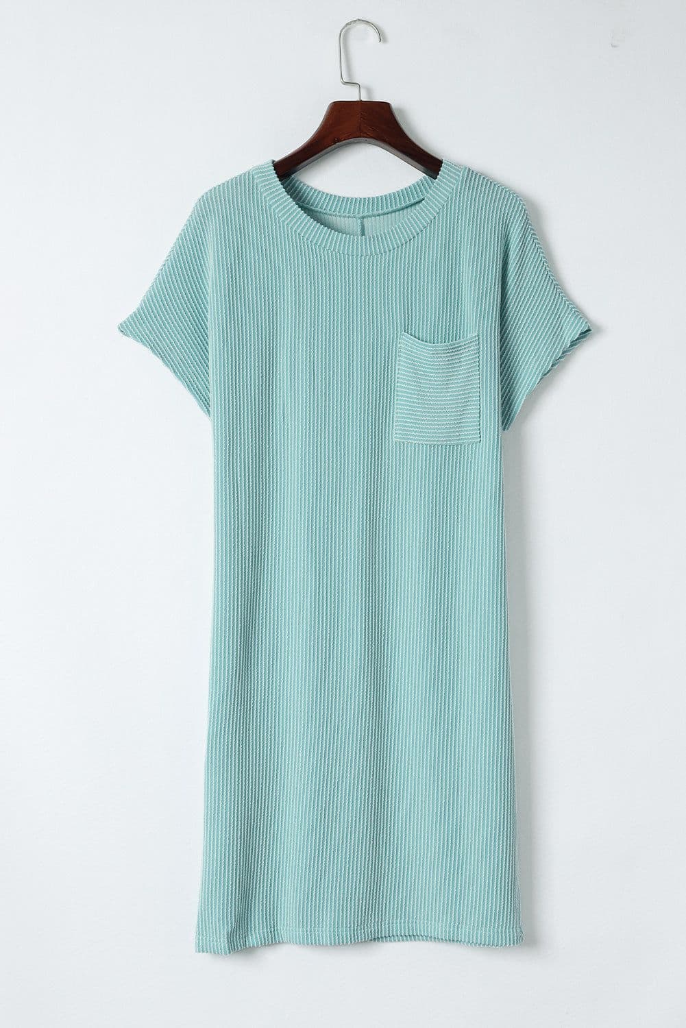 image-Blue Striped Ribbed Knit T-Shirt Shift Dress, Size Chart, Loose Fit, Fashionable Patch Pocket
