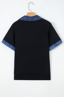 image-Black Waffle Knit Polo Top - Denim Contrast