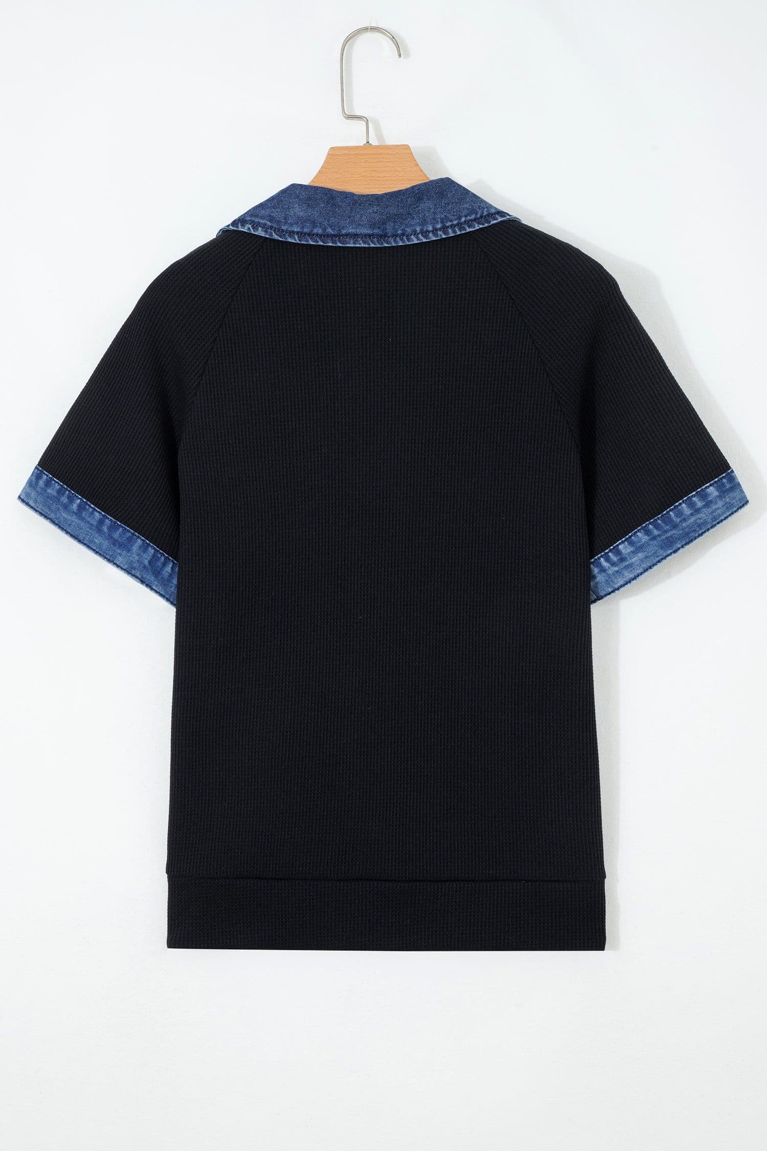 image-Black Waffle Knit Polo Top - Denim Contrast
