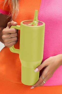 image-Pear Green Frosted Stainless Handle Large Vacuum Cup with Straw 40oz