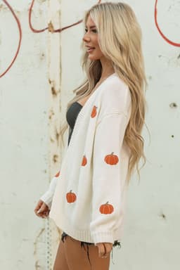 image-Straw Yellow Pumpkin Print Cardigan - Open Front