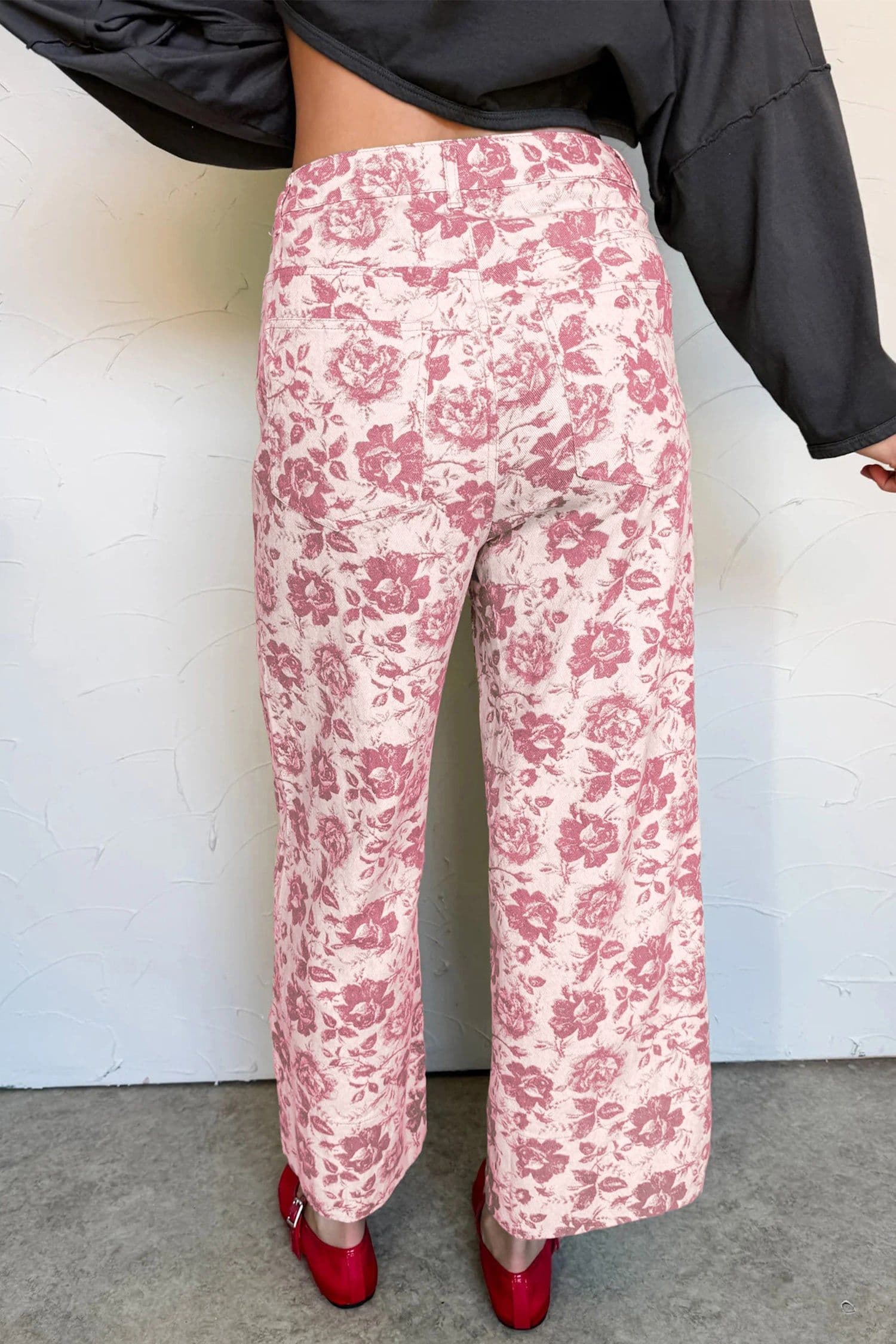 image-Pink Vintage Floral Print Denim Shift Pants