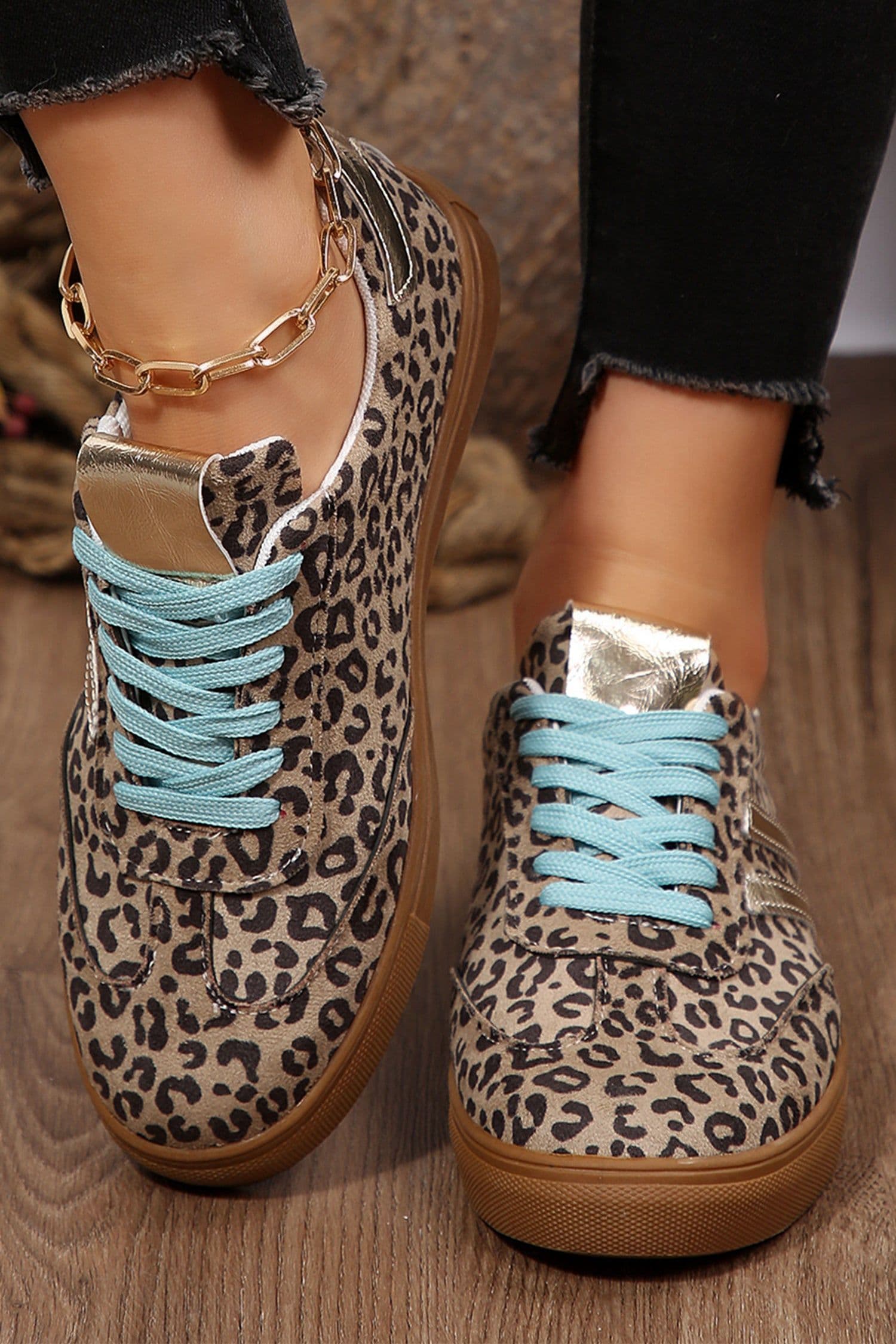 image-Leopard Print Faux Suede Lace Up Sneakers - Coffee Brown